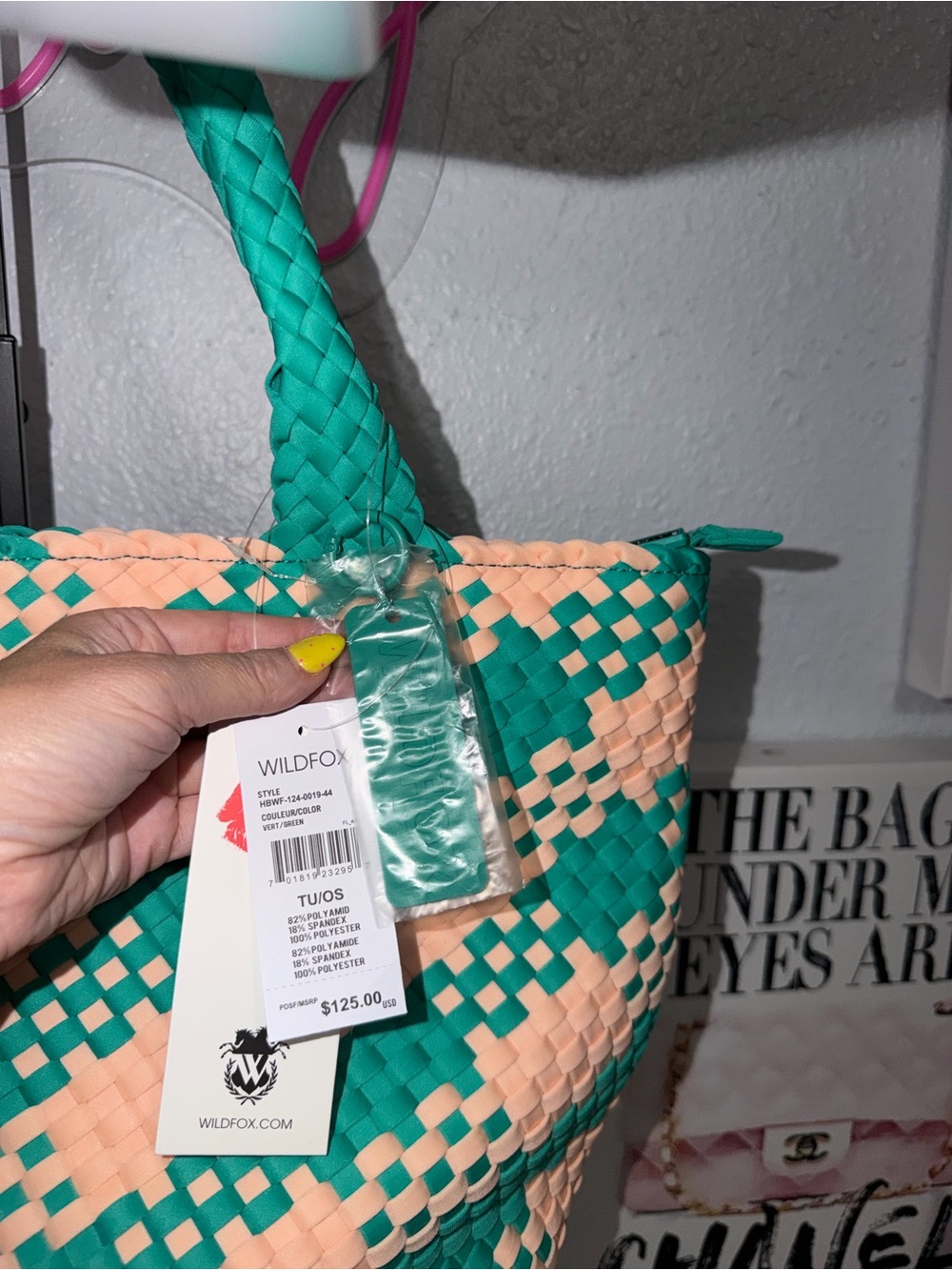 NWT Wildfox Large Woven Tote Bag Teal Peach Checkered Neoprene Beach Tote $125 - Picture 4 of 7